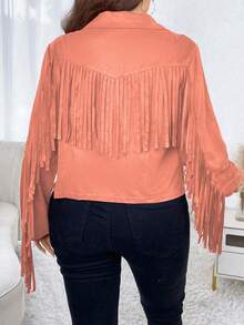 Calvaya Plus Fringe Trim Open Front Jacket - Dusty Pink - View 2