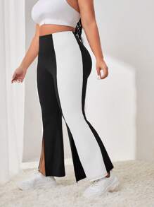 Easithlete Plus Colorblock Split Hem Sports Pants - Black and White - View 6