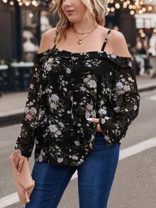 SHEIN LUNE Plus Floral Print Cold Shoulder Blouse - Multicolor - View 5