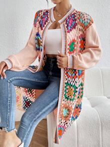 SHEIN Essnce Áo Cardigan trễ vai họa tiết Geo - Hồng - Xem 5