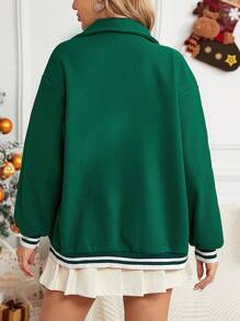 SHEIN Unity 字母貼布條紋飾邊落肩袖條紋飾邊落肩袖花呢外套 - 綠色 - 查看 2