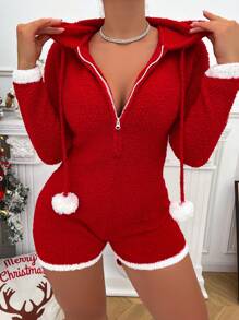 SHEIN Unity 拼接邊拉鏈開襟抽繩連帽絨毛連身短褲 - 紅色 - 查看 4