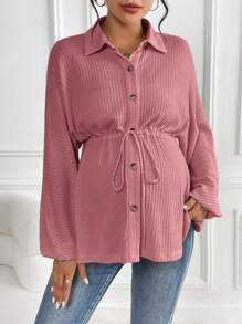 SHEIN 孕婦華夫格編織腰部抽繩蝙蝠袖襯衫 - 粉色 - 查看 4