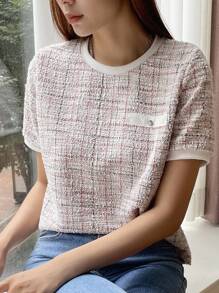 DAZY Plaid Print Round Neck Tee
