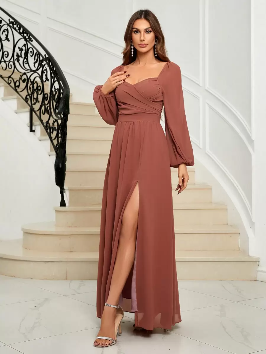 SHEIN Belle 雞心領口燈籠袖高衩伴娘洋裝 - 西瓜粉 - 查看 1