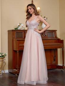 Contrast Lace Mesh Cami Prom & Evening Dresses Sparkly Lace Prom Dresses With Embroidered Spaghetti Strap V Neck Homecoming Dresses For Teens Rhinestone Lace Applique A Line Formal Evening Dresses Floor Length Mesh Ball Gown For Party Zipper Back - Dusty Pink - View 7