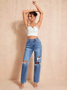 SHEIN BAE 高腰破洞直筒牛仔褲 - 深色水洗藍 - 查看 5