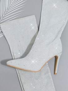 SHUZIA 金屬亮絲尖頭過膝靴 - 銀色 - 查看 2