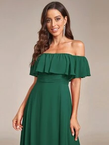 Off Shoulder Ruffles Sleeve Side Split A-Line Chiffon Dark Green Bridesmaid Dress Wedding Guest Dress For Wedding Vacation Graduation - Dark Green - View 6