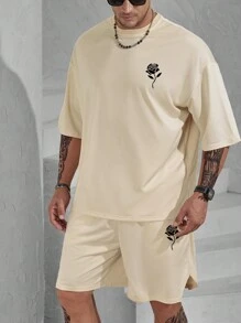 Manfinity Homme Men's Plus Size Loose-Fit Floral Print T-Shirt & Shorts Set - Apricot - View 3