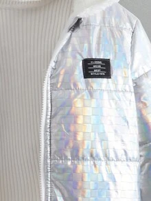 Young Boy Holographic Letter Patched Detail 3D Ear Design Hooded Zipper Thermal Lined Padded Coat Without Sweater - Silver - View 5