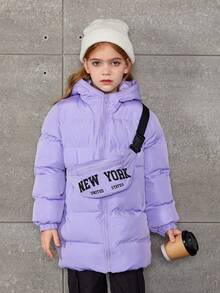 SHEIN Tween Girl 1 件拉链连帽加厚外套（带包） - 紫色 - 查看 6