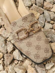 Metal Buckle Square Toe Flat Heel Mules With Floral Patterned Back Strap, Fashionable - Apricot - View 4