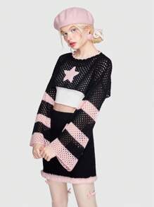 ROMWE Kawaii Hình sao Khối màu Áo len Crop - màu đen - Xem 5