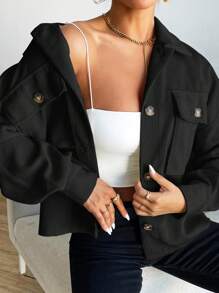 SHEIN LUNE Túi có nắp Thả vai Nút phía trước Áo khoác - màu đen - Xem 5