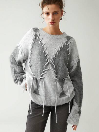 Anewsta Pull-over décontracté à col rond en tricot texturé à blocs de couleurs et diamants, fait main, pour femmes, pour l'automne/l'hiver