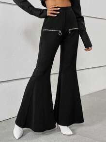 SHEIN Privé Zip Detail Flare Leg Pants - Black - View 3