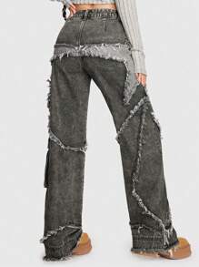 ROMWE Grunge Punk Raw Trim Flap Pocket Side Cargo Boy Friend Jeans, School