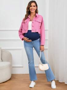 SHEIN Maternity Drop Shoulder Ripped Raw Hem Denim Jacket - Pink - View 4