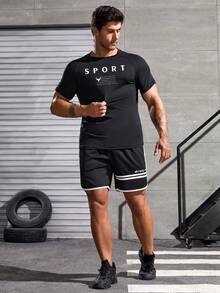 Manfinity Sport Corelite 男士口號圖案拉格蘭袖運動T恤，運動上衣 - 黑色 - 查看 3