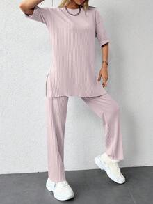 EURMUSE 落肩袖下擺開叉T恤和褲子 - 藕粉色 - 查看 5