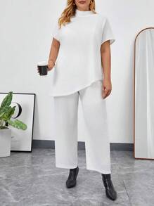 SHEIN Privé Plus Mock Neck Asymmetrical Hem Tee & Wide Leg Pants