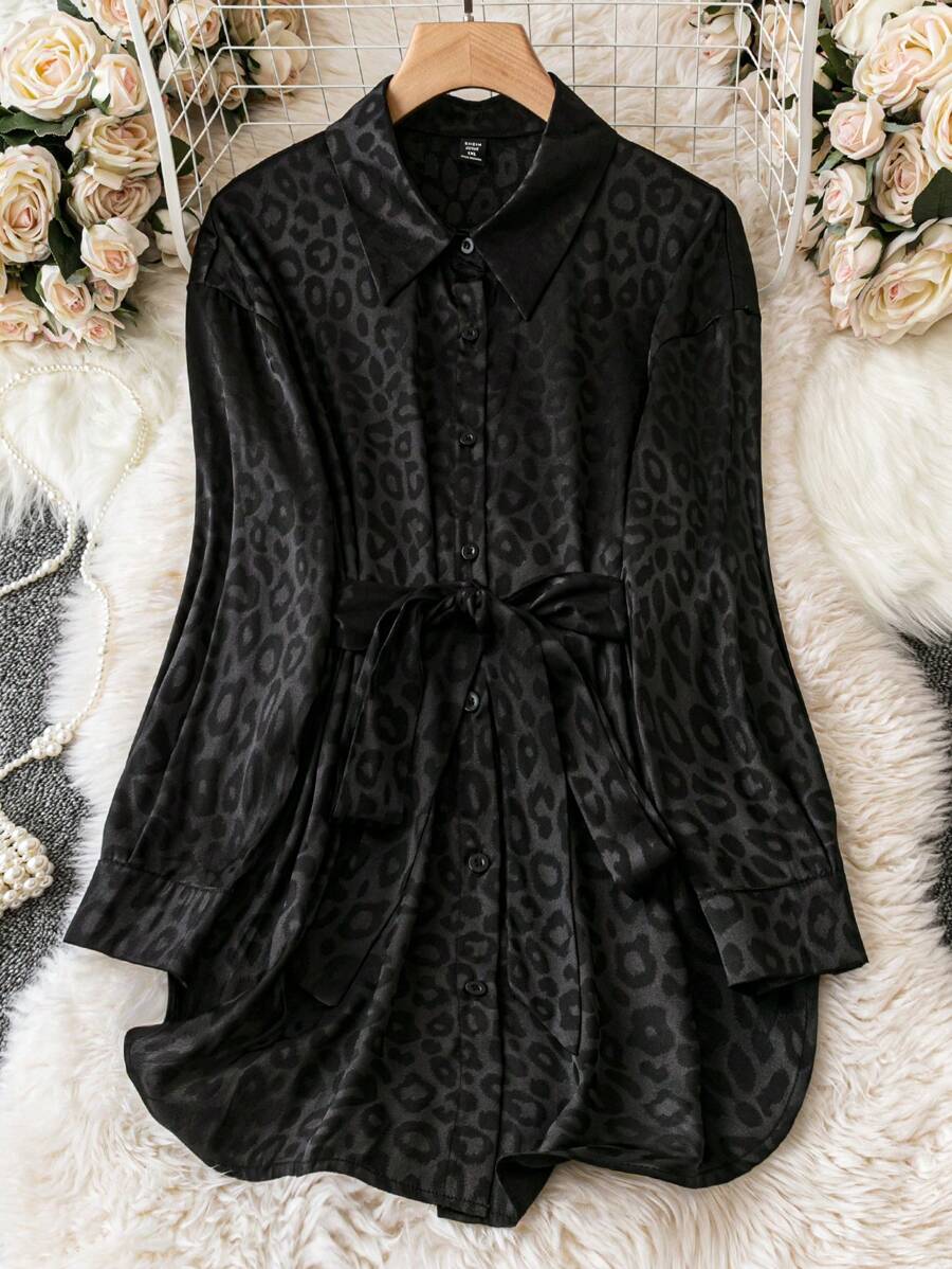 Flouryn Plus Leopard Jacquard Belted Satin Shirt Fall Cloth For Women - Black - View 1