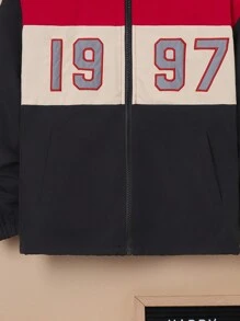 SHEIN Teenager Junge Jacke mit Nummer Grafik, Farbblock, Thermal Futter, Kapuze,