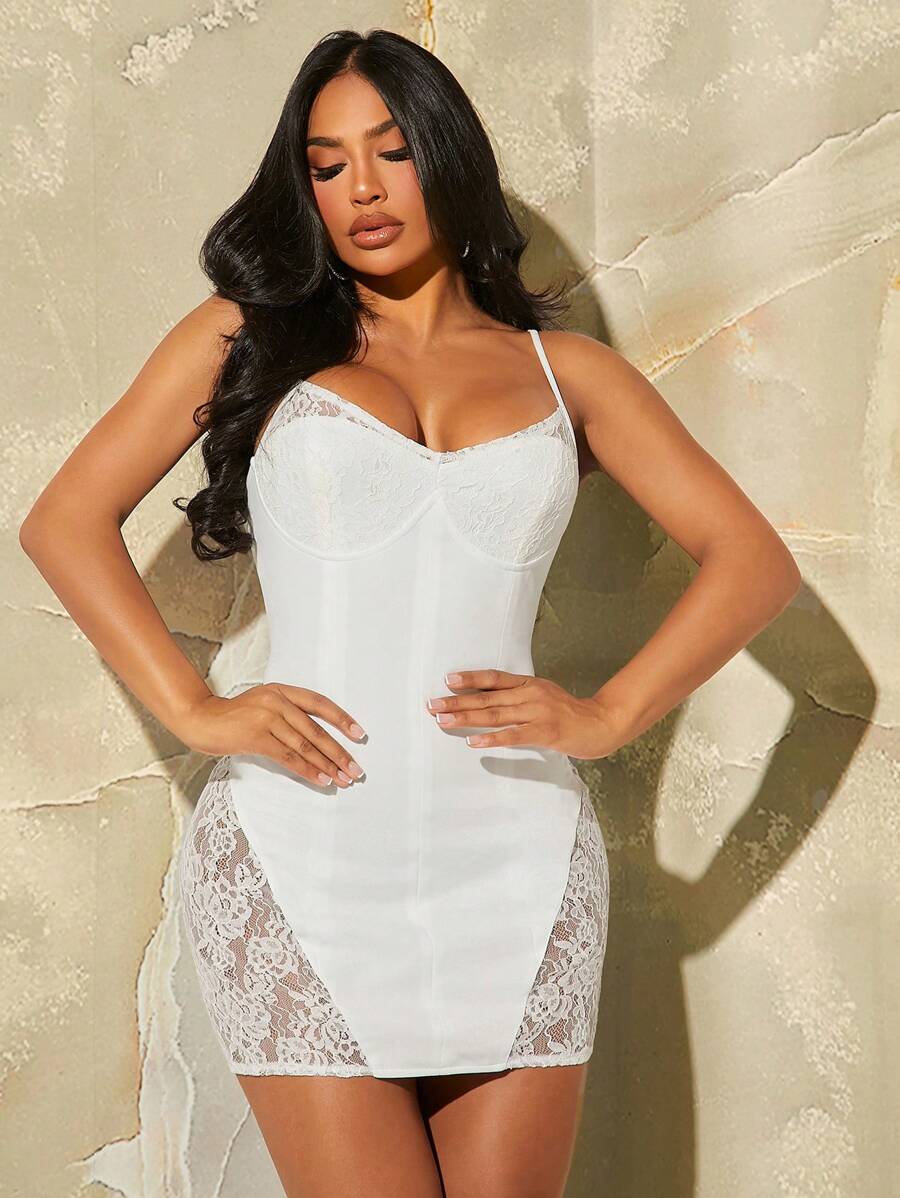 SHEIN SXY Contrast Lace Bustier Cami Dress - White - View 1