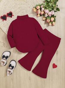 SHEIN 2pcs Baby Girl Casual Knit Turtleneck Top And Flared Pants Set - Burgundy - View 1