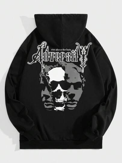 Goth Men Skull & Letter Graphic Drawstring Hoodie