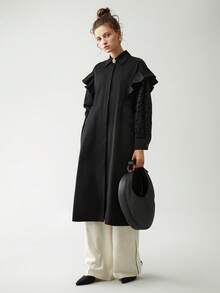 Anewsta Viền Ruffle Nút phía trước Áo khoác Trench - màu đen - Xem 5