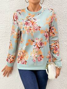 SHEIN LUNE Floral Print Round Neck Sweatshirt - Mint Green - View 3