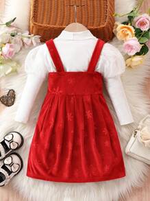 SHEIN Baby Girl Gigot Sleeve Tee & Bow Front Frill Trim Dress for Christmas - Red - View 2