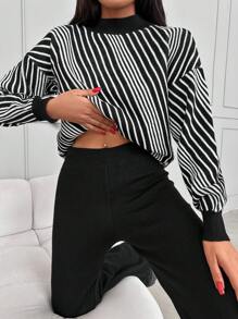 EURMUSE 條紋圖案落肩袖套頭毛衣和針織褲 - 黑與白 - 查看 4