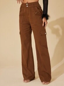 SHEIN BAE High Waist Flap Pocket Cargo Jeans - Brown - View 5