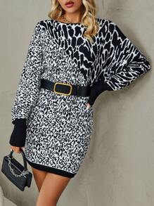 SHEIN Essnce Leopard Pattern Drop Shoulder Sweater Dress Without Belt - Black and White - View 3