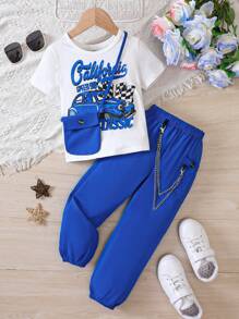 SHEIN Young Girl Car & Letter Graphic Tee & Pants & Bag - Blue - View 1