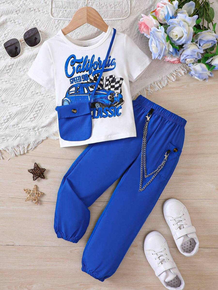 SHEIN Young Girl Car & Letter Graphic Tee & Pants & Bag - Blue - View 1