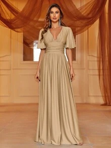 Sophisticated V-Neck Maxi Dress With Flutter Sleeves, Cinched Waist & Thigh Slit – Summer Formal Wear For Galas, Upscale Dinners, Evening Events Bridesmaid Dress