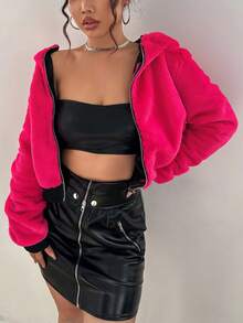 SHEIN Unity Dây kéo Mùa vụ Áo Teddy Jackets - Màu Hồng Tươi - Xem 6