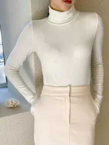 DAZY Solid High Neck Tee Long Sleeve Women Tops,Fall Women Clothes Thermal Lined - White - View 9