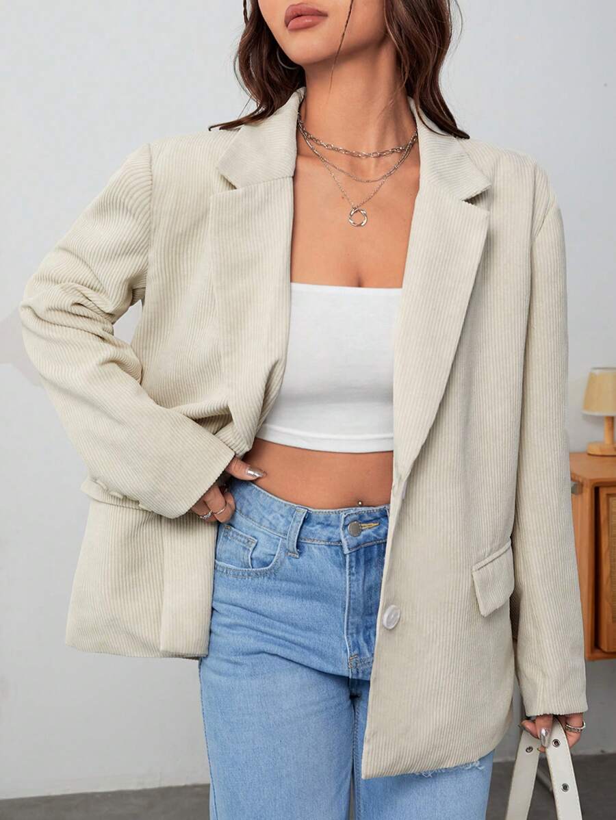 SHEIN EZwear 西裝領翻蓋細節單排釦西裝外套 - 卡其色 - 查看 1