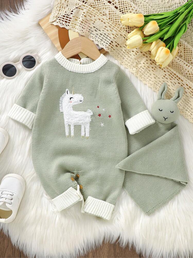 Baby Girl Cartoon Pattern Contrast Trim Sweater Jumpsuit & Accessory Hat