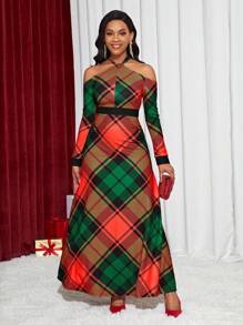 SHEIN Lady 格纹印花交叉挂脖连衣裙 - 彩色 - 查看 6