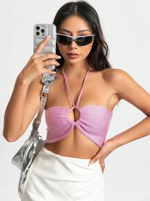 SHEIN Unity Tie Backless Crop Halter Knit Top