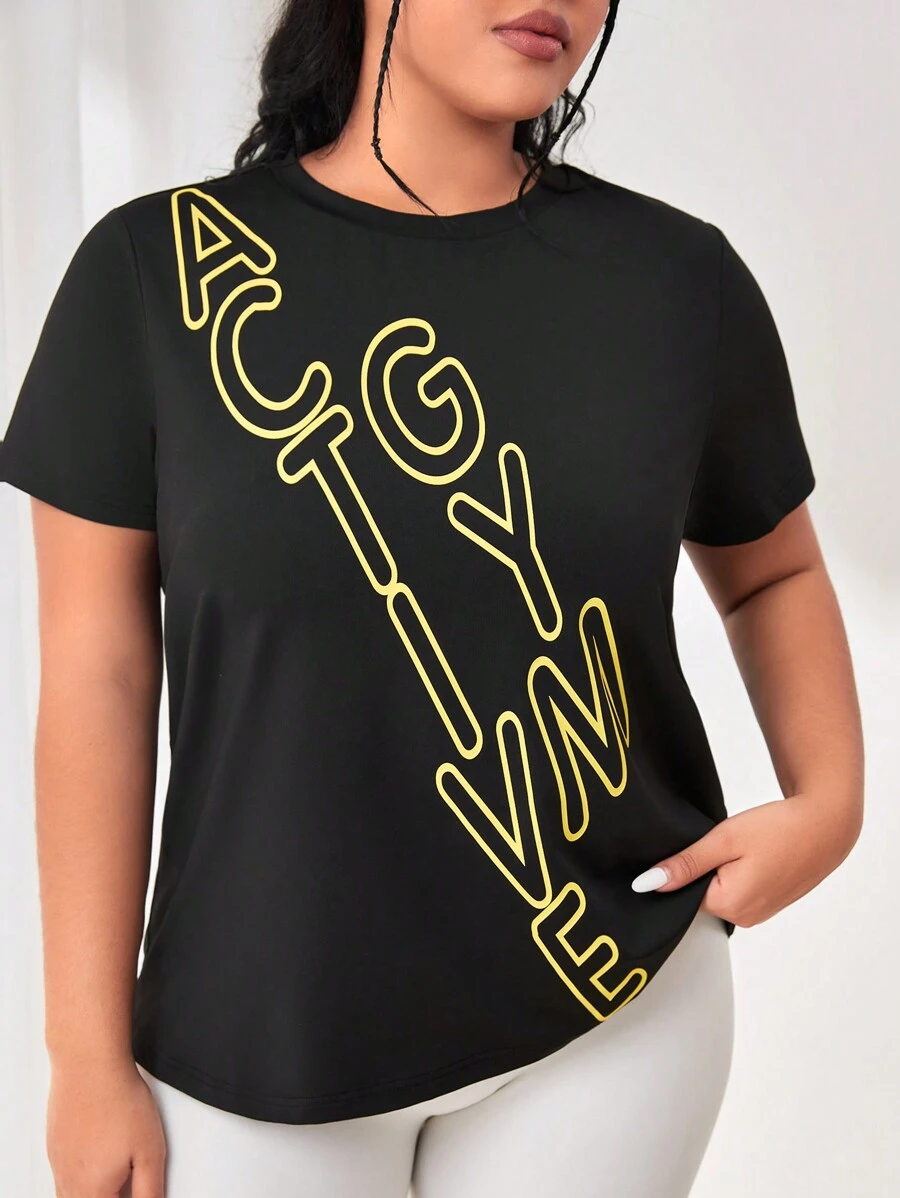 SHEIN Daily&Casual 大碼字母圖案運動T恤 - 黑色 - 查看 1