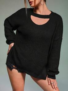 SHEIN ICON 大碼鏤空落肩袖下擺開叉套頭毛衣 - 黑色 - 查看 3