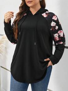 SHEIN Frenchy Plus Floral Print Raglan Sleeve Drawstring Hoodie Graduation,Back To School Outfits,Graduation,Teacher Outfits For Women,Back To School Spring - Black - View 1