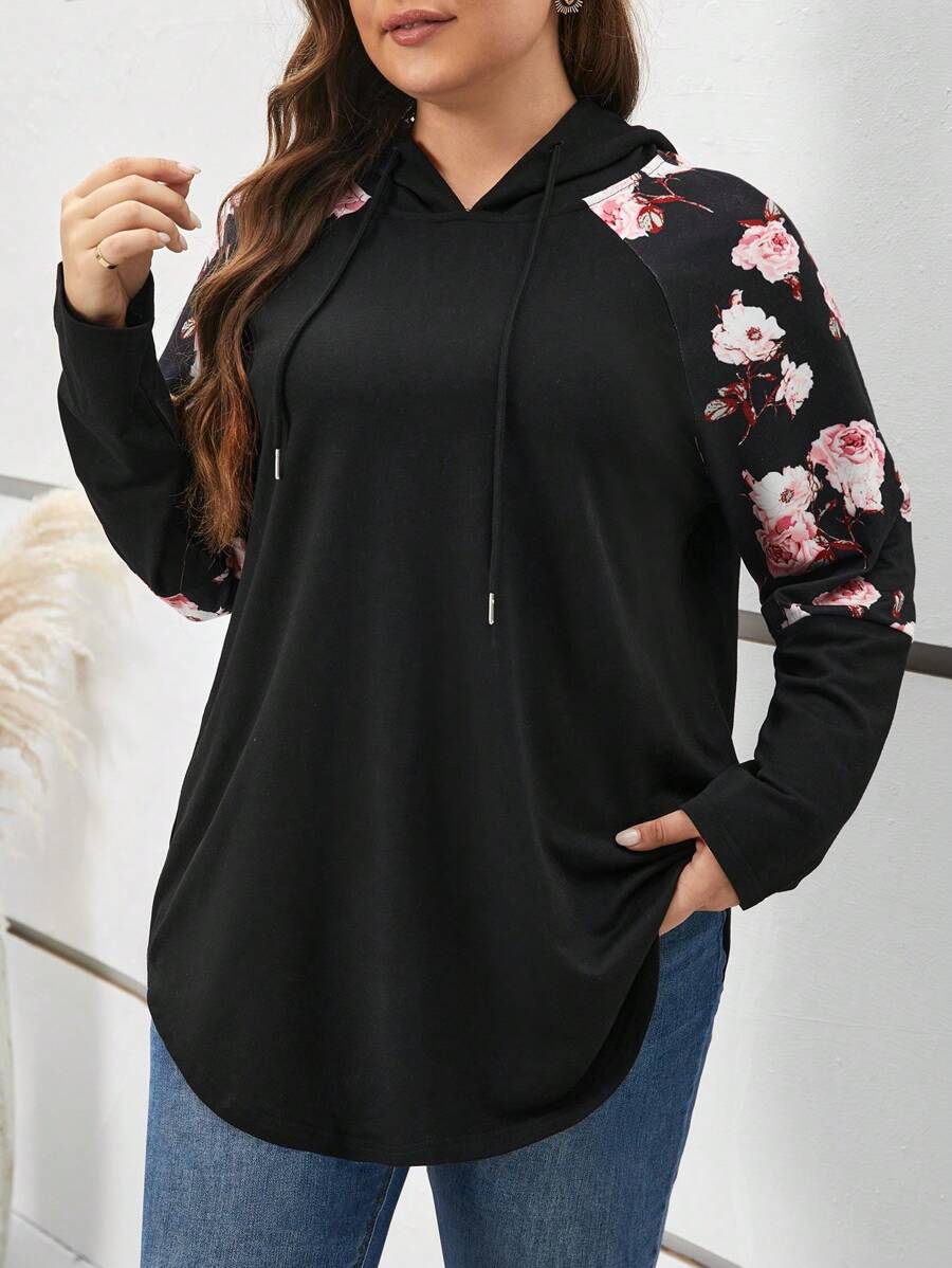 SHEIN Frenchy Plus Floral Print Raglan Sleeve Drawstring Hoodie Graduation,Back To School Outfits,Graduation,Teacher Outfits For Women,Back To School Spring - Black - View 1